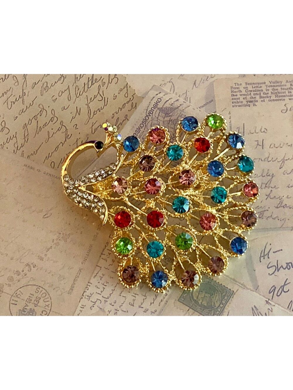 Multi Color Rhinestone Peacock Brooch Bird Feathers Statement Fashion Pin